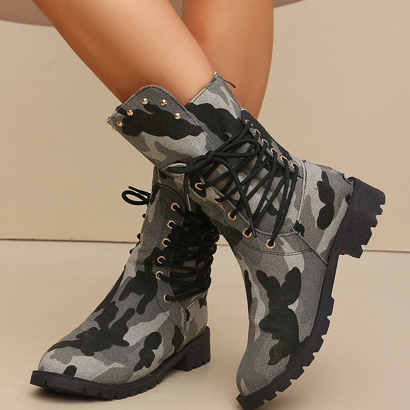 Women Studded Lace Up Mid Calf Boots