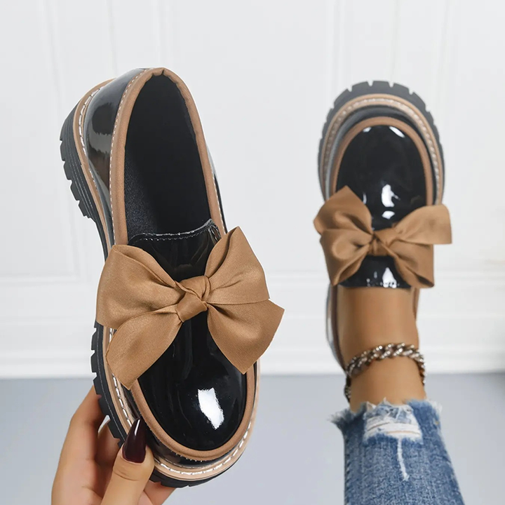 Bow Detail Patent Platform Loafers for Women