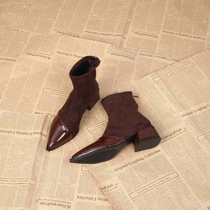 Pointed Toe Patchwork Block Heel Ankle Boots