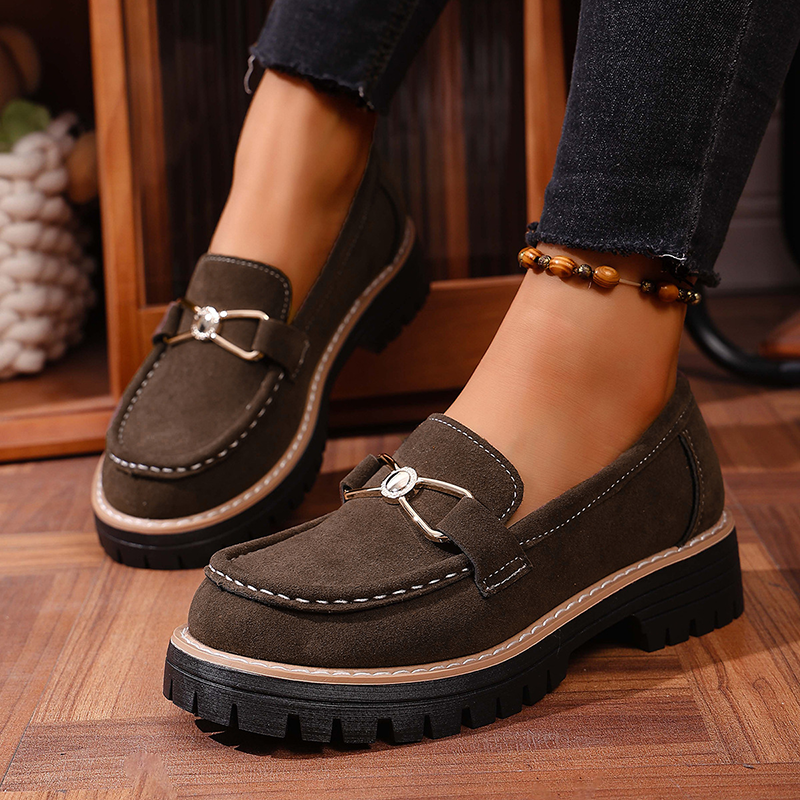 Metal Buckle Platform Suede Loafers