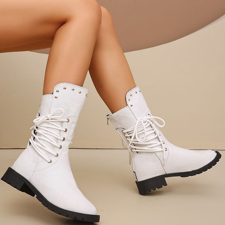 Women Studded Lace Up Mid Calf Boots