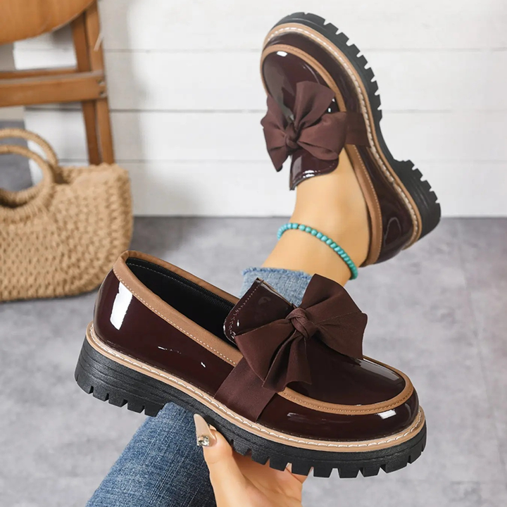 Bow Detail Patent Platform Loafers for Women