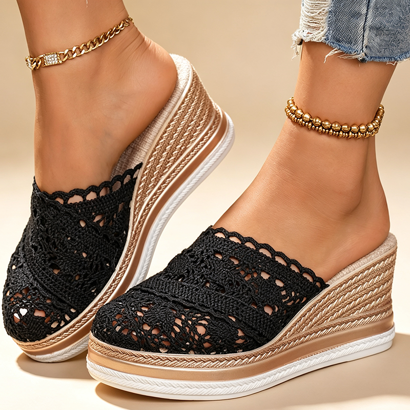 Crochet Lace Espadrille Wedge Mules