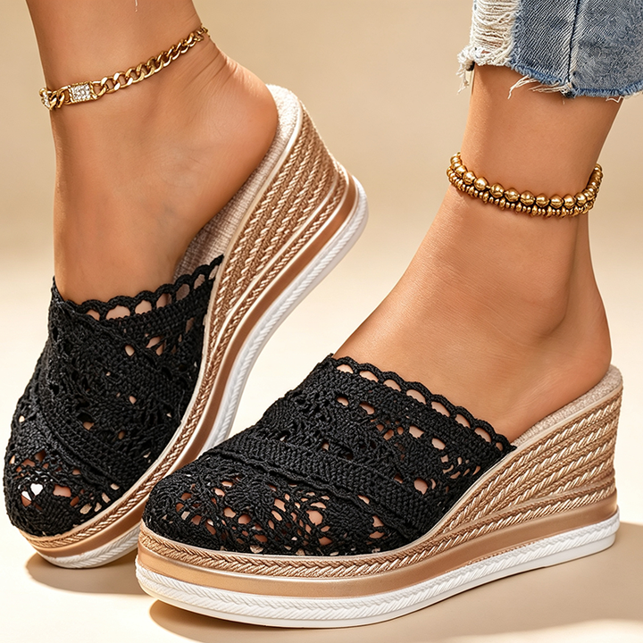 Crochet Lace Espadrille Wedge Mules