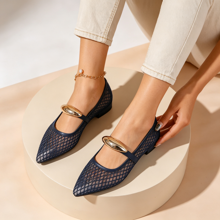Pointed Mesh Mary Jane Flats with Metal Buckle Detail