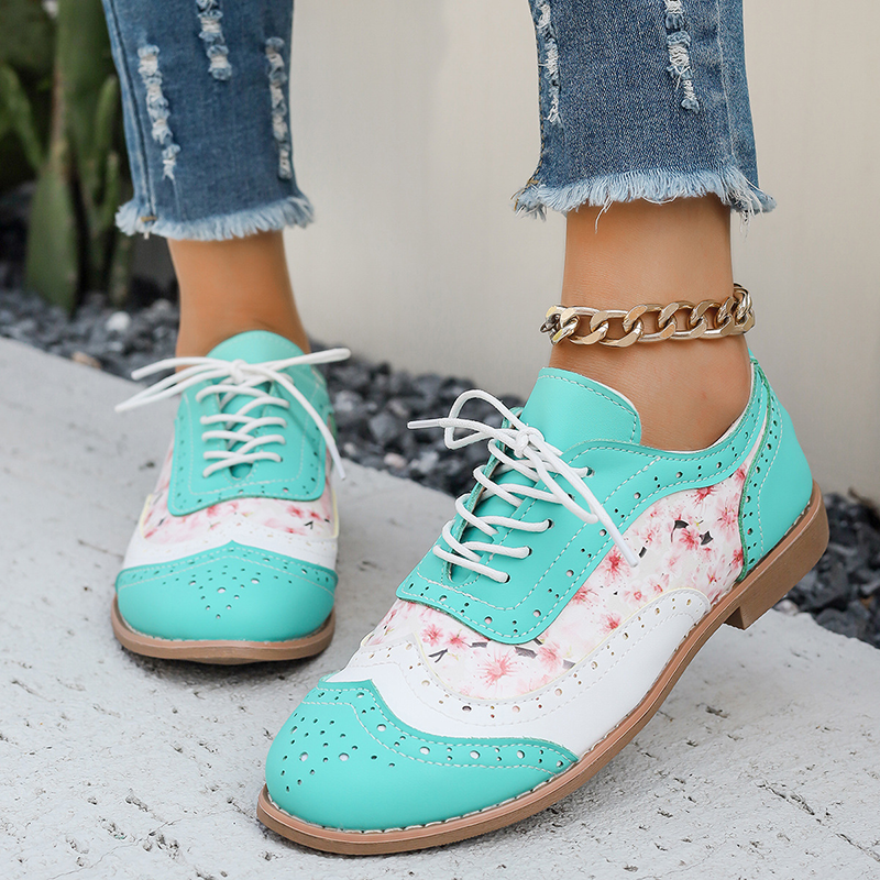 Floral Print Color Block Lace Up Low Heel Shoes for Women