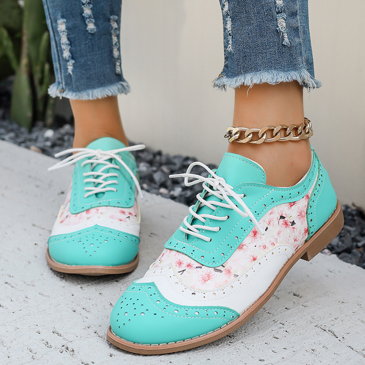 Floral Print Color Block Lace Up Low Heel Shoes for Women