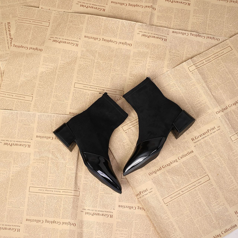 Pointed Toe Patchwork Block Heel Ankle Boots