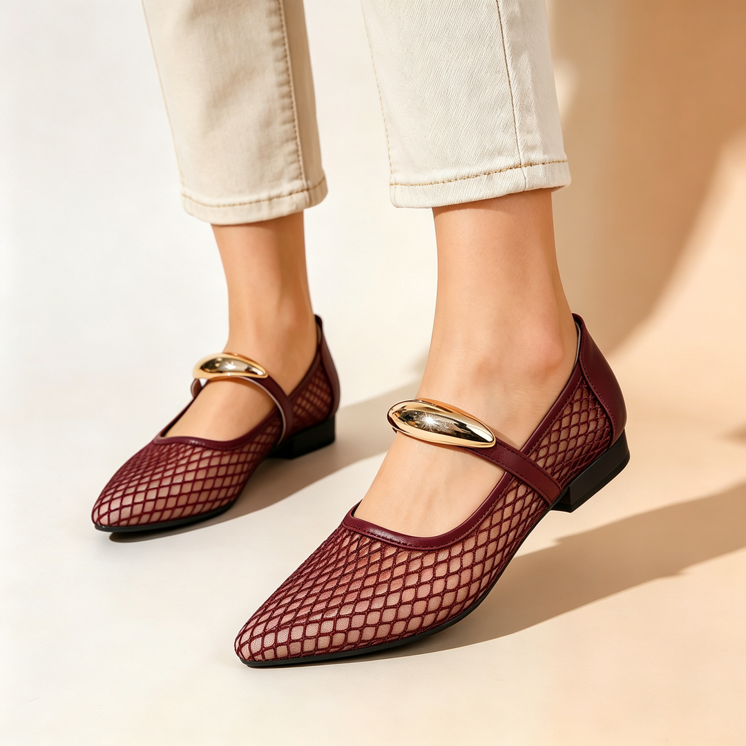 Pointed Mesh Mary Jane Flats with Metal Buckle Detail