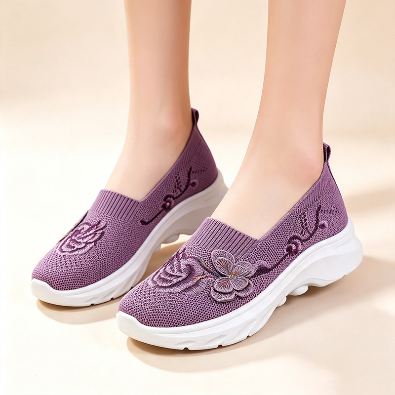 Breathable knitted floral-embroidered slip-on platform shoes for women