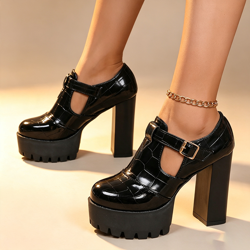 Color-blocked platform high heels with embossed crocodile-effect finish
