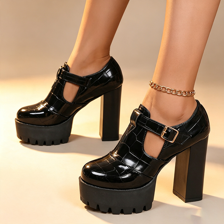 Color-blocked platform high heels with embossed crocodile-effect finish