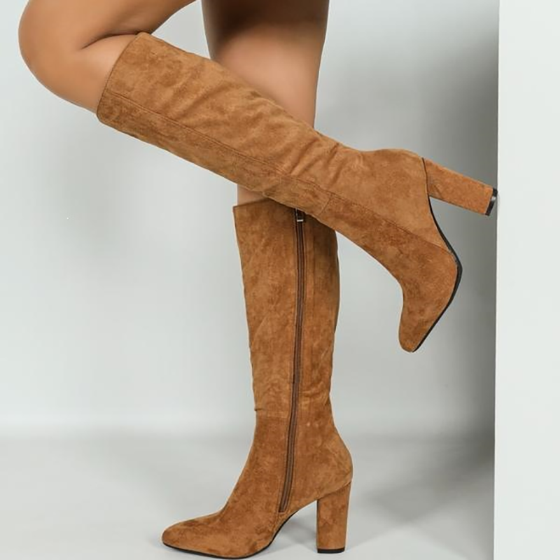 Pointed Toe Block Heel Knee High Boots