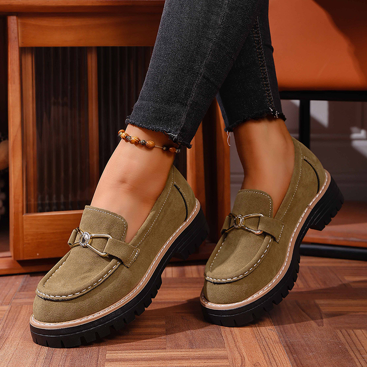 Metal Buckle Platform Suede Loafers
