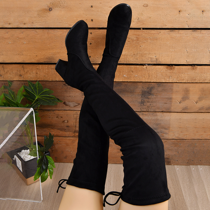 Black Suede Chunky Heel Over The Knee Boots