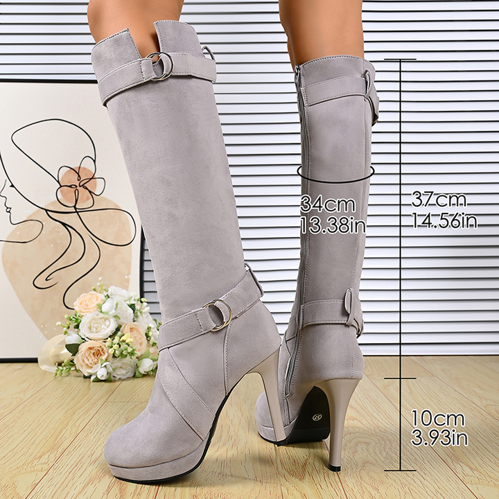 Women Buckle Strap Knee High Heel Boots