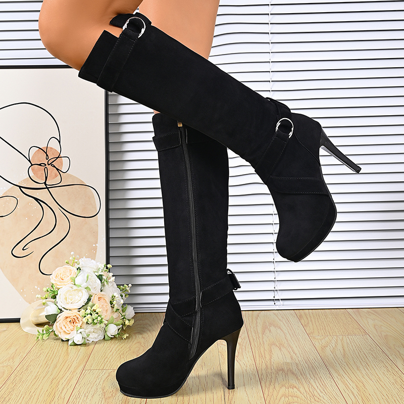 Women Buckle Strap Knee High Heel Boots