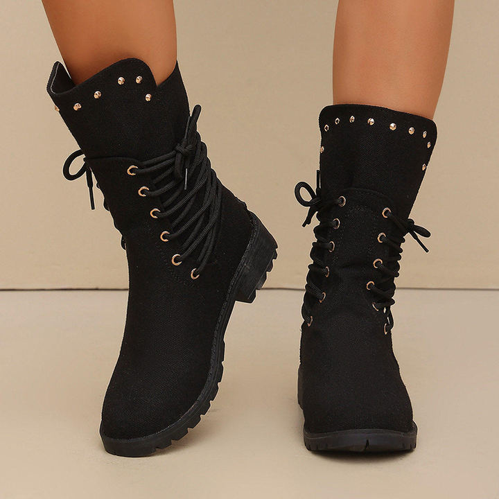 Women Studded Lace Up Mid Calf Boots