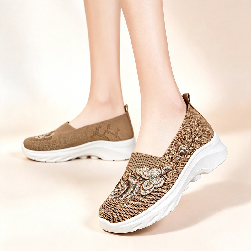 Breathable knitted floral-embroidered slip-on platform shoes for women
