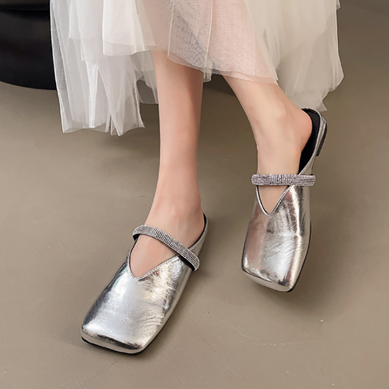 Square-toe rhinestone-embellished backless flats