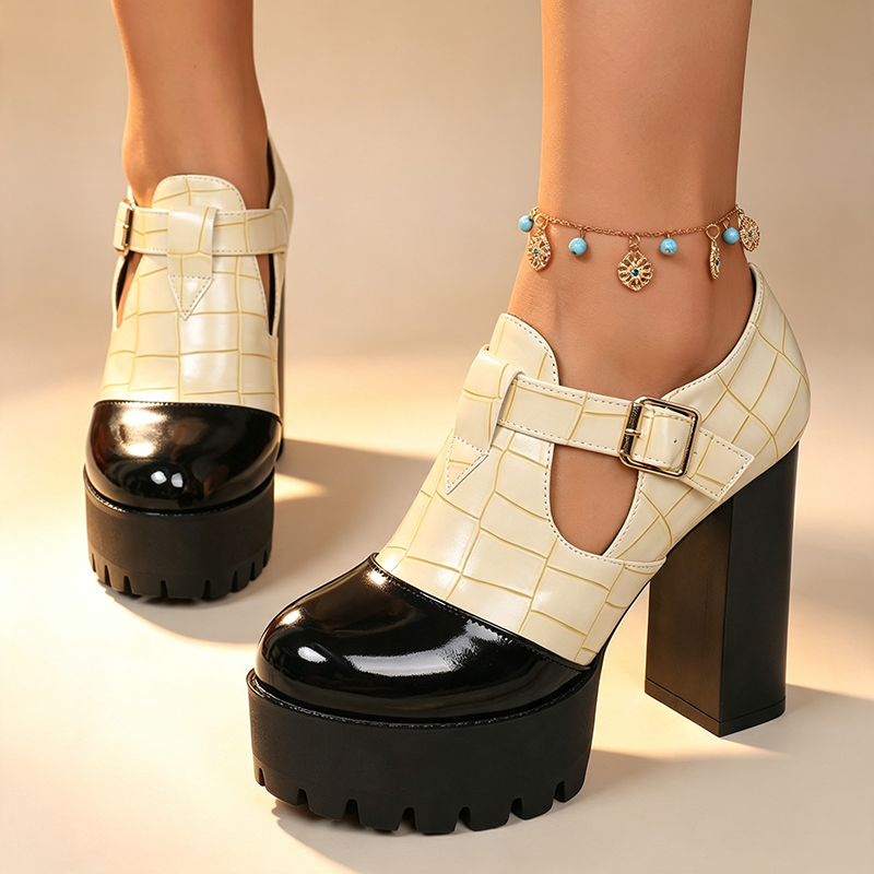Color-blocked platform high heels with embossed crocodile-effect finish