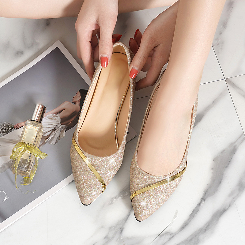Women Glitter Pointed Toe Metallic Strap Block Heel Pumps