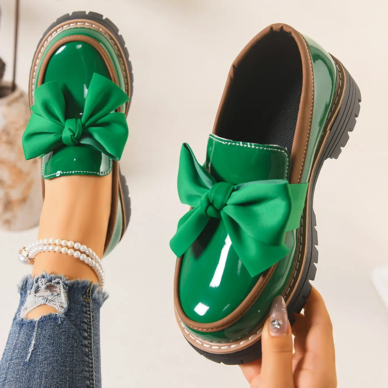 Bow Detail Patent Platform Loafers for Women