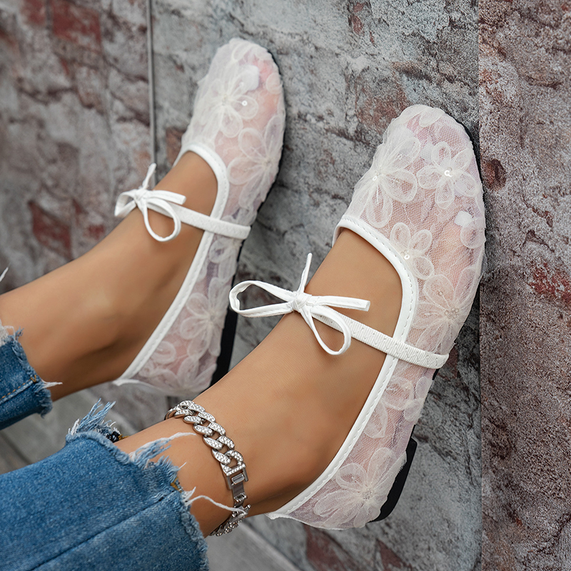 Floral Lace Mesh Bow Mary Jane Flats for Women