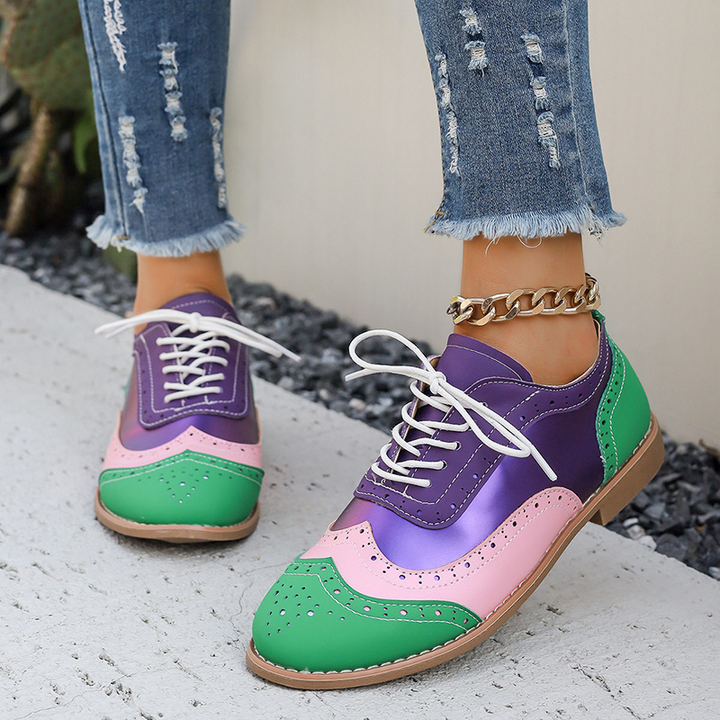 Floral Print Color Block Lace Up Low Heel Shoes for Women