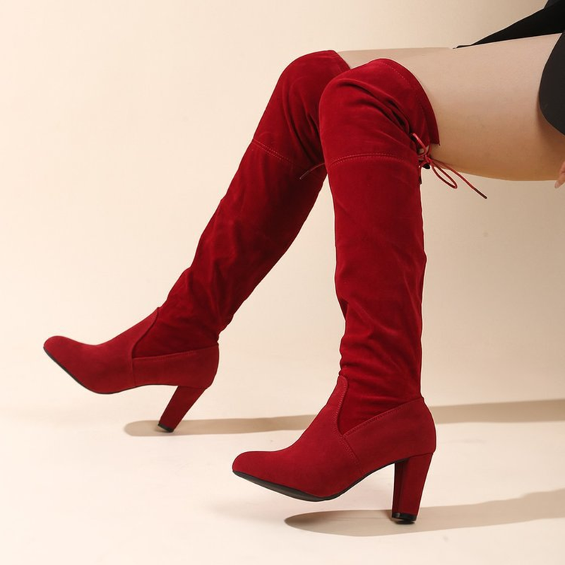Pointed-toe over-the-knee high-heeled boots with back lacing