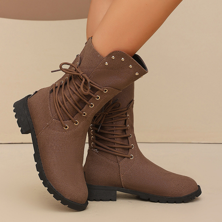 Women Studded Lace Up Mid Calf Boots