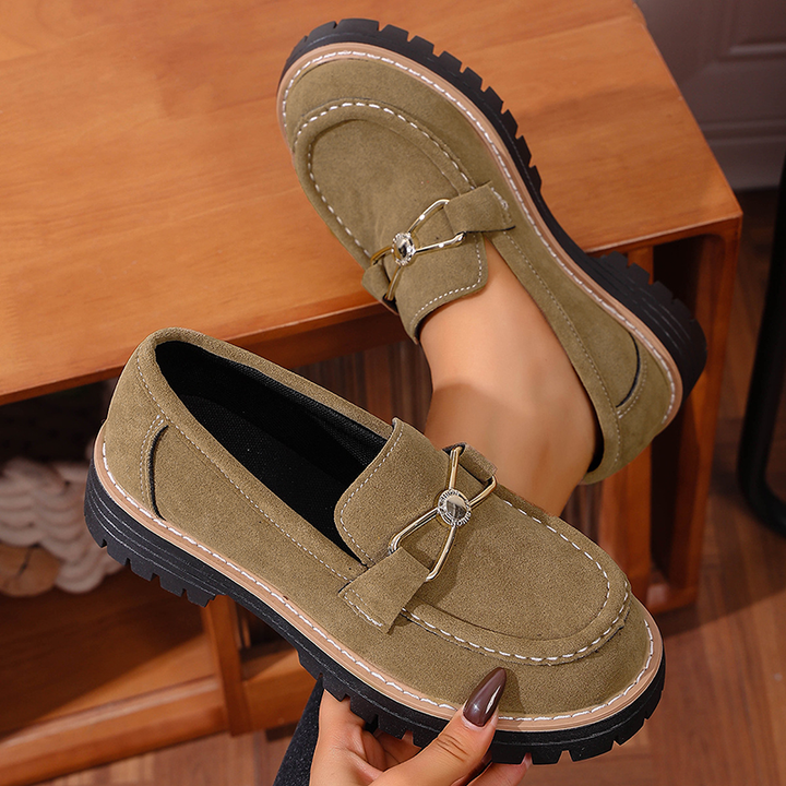 Metal Buckle Platform Suede Loafers