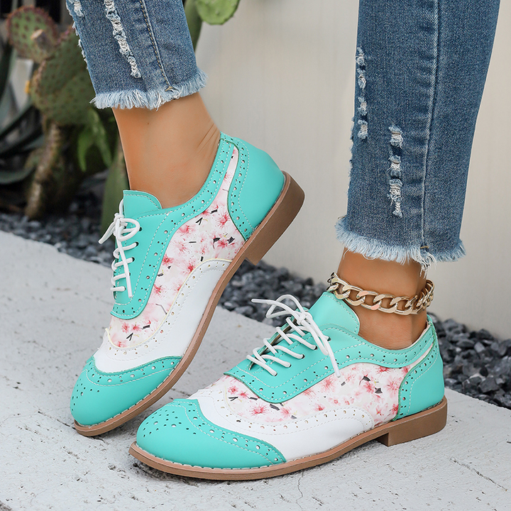 Floral Print Color Block Lace Up Low Heel Shoes for Women
