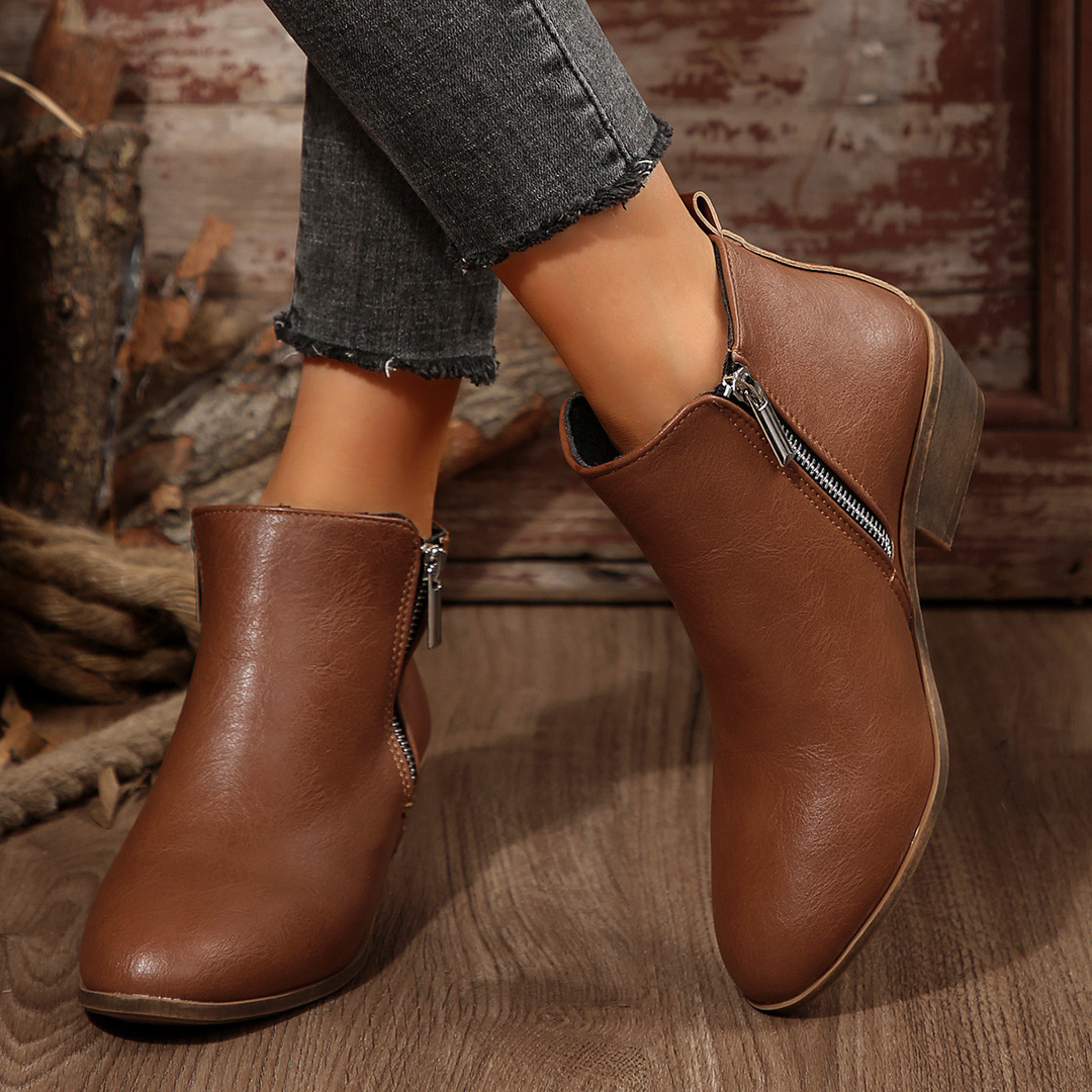 Side Zipper Block Heel Ankle Boots