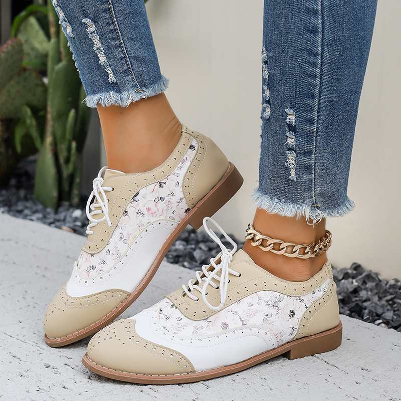 Floral Print Color Block Lace Up Low Heel Shoes for Women