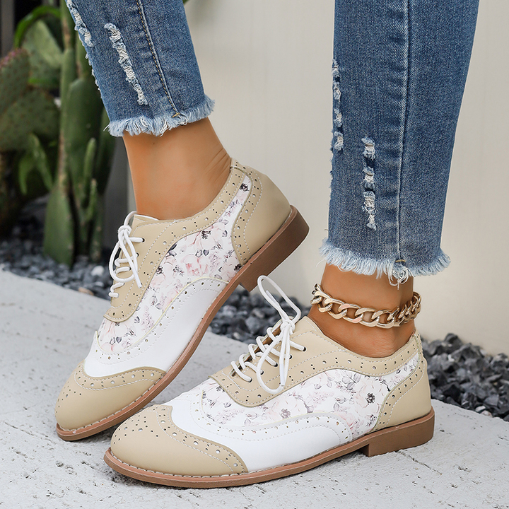 Floral Print Color Block Lace Up Low Heel Shoes for Women