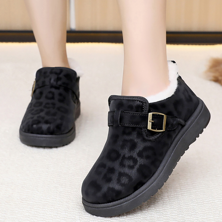 Leopard Print Fleece Lined Buckle Winter Booties
