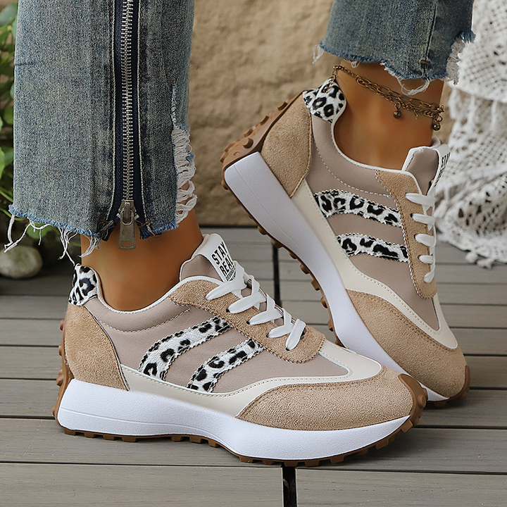 Lace-up platform retro leopard and stripe casual sneakers
