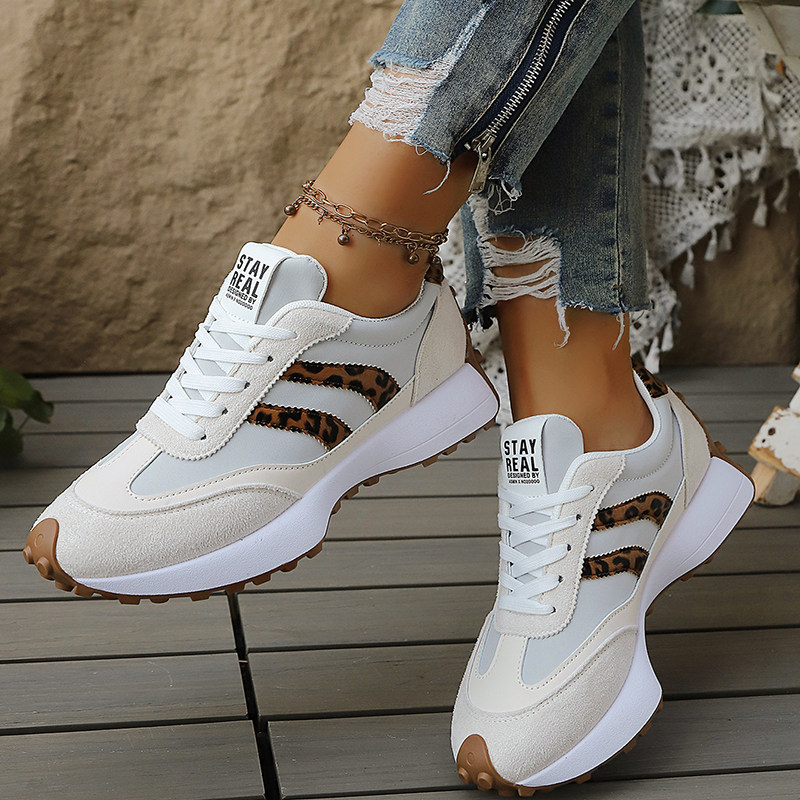 Lace-up platform retro leopard and stripe casual sneakers