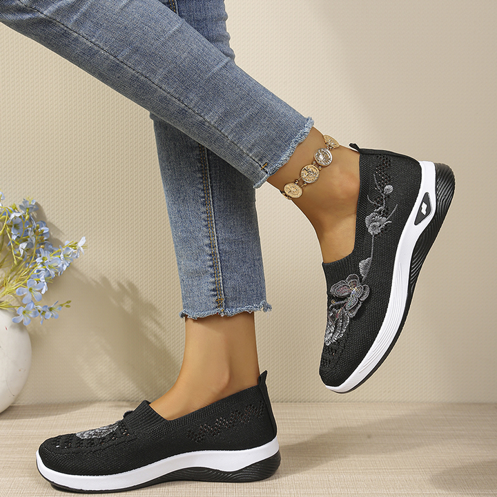 Embroidered Knit Slip-On Wedge Walking Shoes
