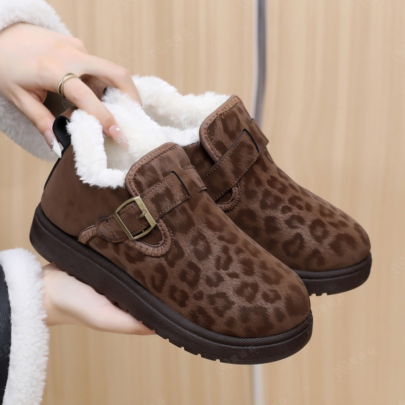 Leopard Print Fleece Lined Buckle Winter Booties