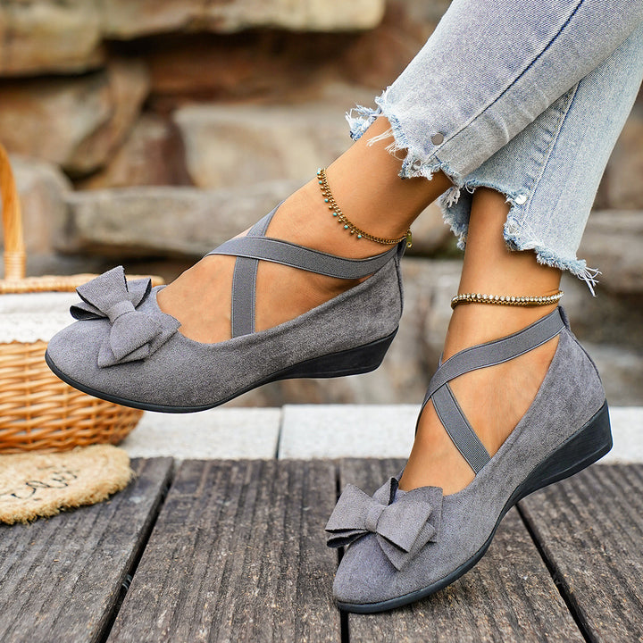 Women Bow Wedge Shoes Criss Cross Strap Suede Mary Jane Flats