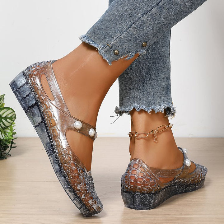 Sparkly Transparent Crocodile Mary Jane Jelly Flats - Pearl Strap Wedge Shoes