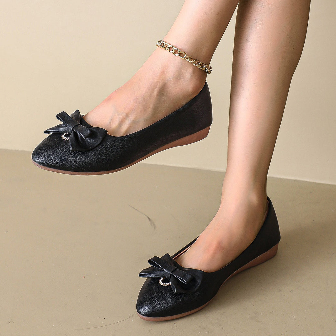 Women Pointed Toe Bow Flats with Rhinestone Comfort Low Wedge Shoes