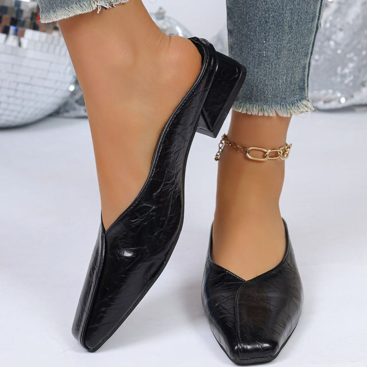 Chic Crocodile Texture Square Toe Block Heel Mules - 3.5cm Low Heel Slip-On Shoes