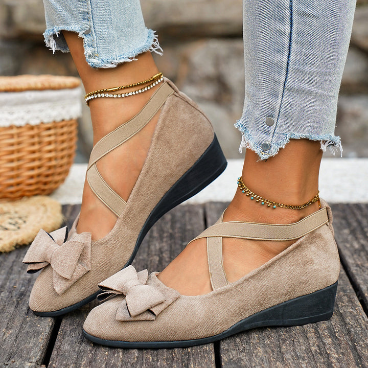 Women Bow Wedge Shoes Criss Cross Strap Suede Mary Jane Flats