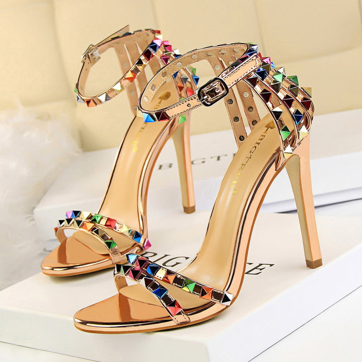 Multicolor Rivet Studded Stiletto Sandals Women - Sexy Strappy High Heel Party Sandals