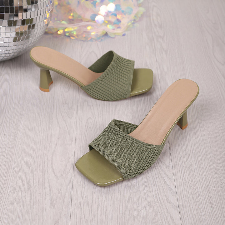 Ribbed Knit Square Toe Block Heel Mules – Comfortable Slip-On Sandals