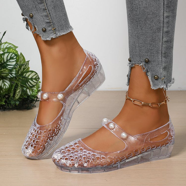 Sparkly Transparent Crocodile Mary Jane Jelly Flats - Pearl Strap Wedge Shoes