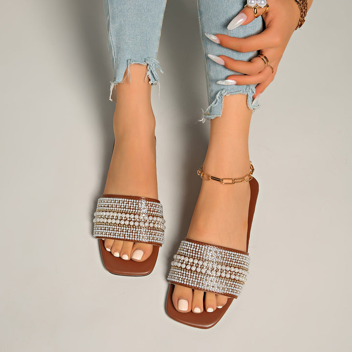 Pearl Rhinestone Embellished Square Toe Slide Sandals – Flat Comfort Mules